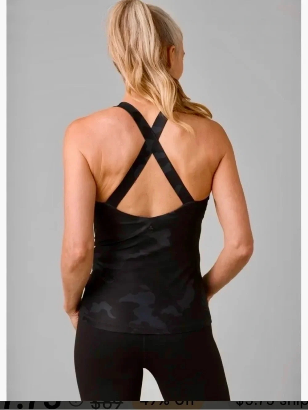 prAna Layna Bra Tank Scoop Neck Cross Back Black Camo Yoga Workout Small